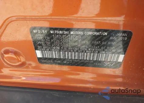 2020 Mitsubishi Outlander Sport 2.0 Es из США, поврежденный, VIN JA4AP3AU6LU005035